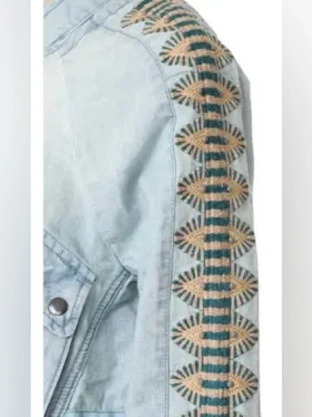 Free People Embroidered Chambray Jacket Womens Large Blue Linen Cotton Blend S - Picture 3 of 14